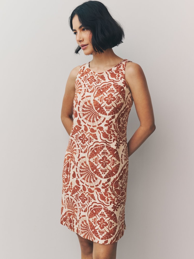 Rust Brown Paisly Print Linen Scoop Back Mini Shift Dress - Image 2 of 8
