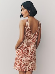 Rust Brown Paisly Print Linen Scoop Back Mini Shift Dress - Image 3 of 8