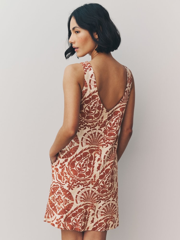 Rust Brown Paisly Print Scoop Back Mini Shift Dress With Linen - Image 3 of 8