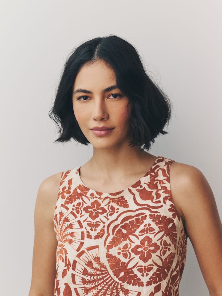 Rust Brown Paisly Print Scoop Back Mini Shift Dress With Linen - Image 4 of 8