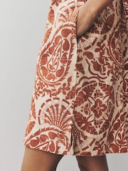 Rust Brown Paisly Print Linen Scoop Back Mini Shift Dress - Image 5 of 8