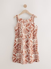 Rust Brown Paisly Print Linen Scoop Back Mini Shift Dress - Image 6 of 8