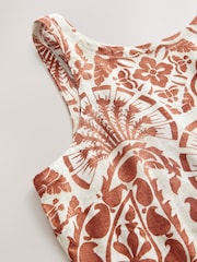Rust Brown Paisly Print Linen Scoop Back Mini Shift Dress - Image 7 of 8