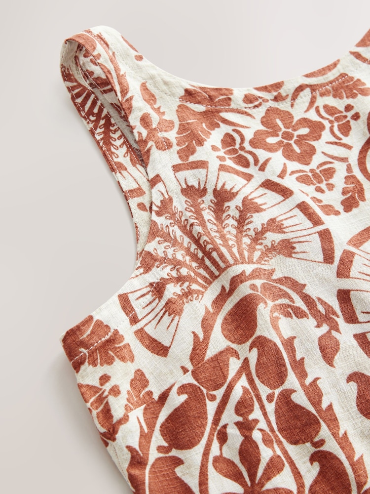 Rust Brown Paisly Print Scoop Back Mini Shift Dress With Linen - Image 7 of 8