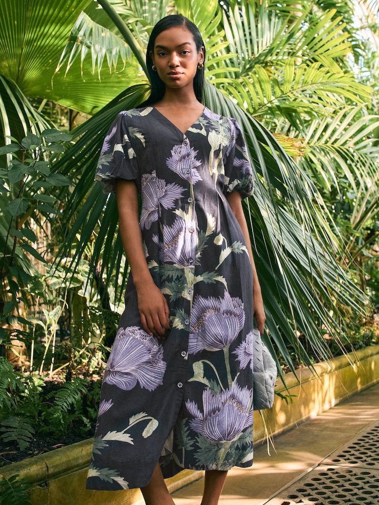 Kew Collection Navy Floral Button Down Puff Sleeve Midi Dress with Linen - Image 1 of 8