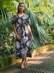 Kew Collection Navy Floral Button Down Puff Sleeve Midi Dress with Linen - Image 2 of 8