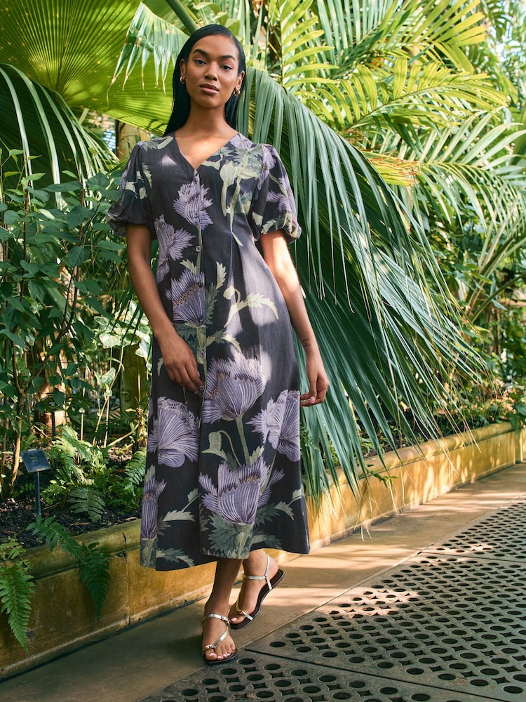 Kew Collection Navy Floral Button Down Puff Sleeve Midi Dress with Linen - Image 2 of 8