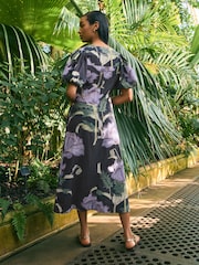 Kew Collection Navy Floral Button Down Puff Sleeve Midi Dress with Linen - Image 3 of 8