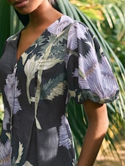 Kew Collection Navy Floral Button Down Puff Sleeve Midi Dress with Linen - Image 4 of 8