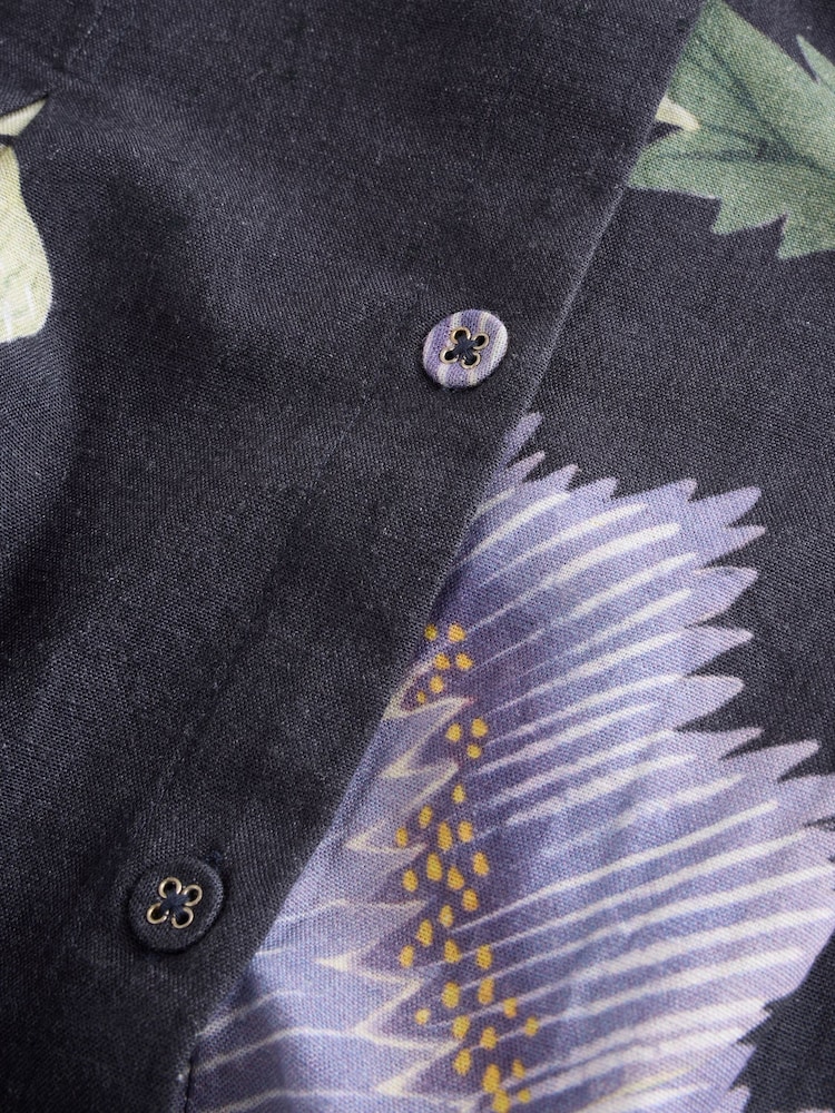 Kew Collection Navy Floral Button Down Puff Sleeve Midi Dress with Linen - Image 8 of 8