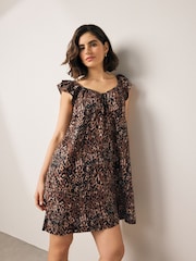 Animal Leopard Print V-Neck Ruffle Sleeve Mini Dress with Linen - Image 1 of 7