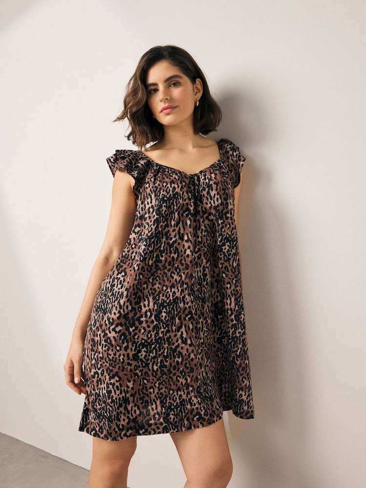 Animal Leopard Print V-Neck Ruffle Sleeve Mini Dress with Linen - Image 1 of 7