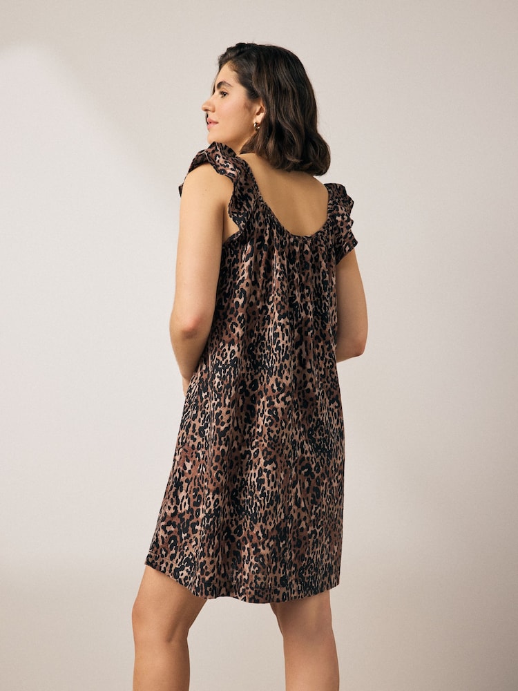 Animal Leopard Print V-Neck Ruffle Sleeve Mini Dress with Linen - Image 2 of 7