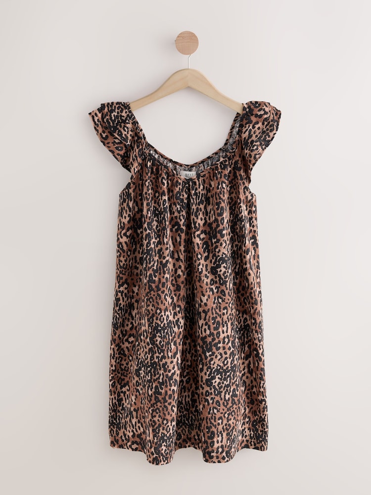 Animal Leopard Print V-Neck Ruffle Sleeve Mini Dress with Linen - Image 5 of 7