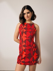 Red and Black Geo Print Mini Sleeveless Racer Stretch Linen Blend Dress - Image 1 of 7