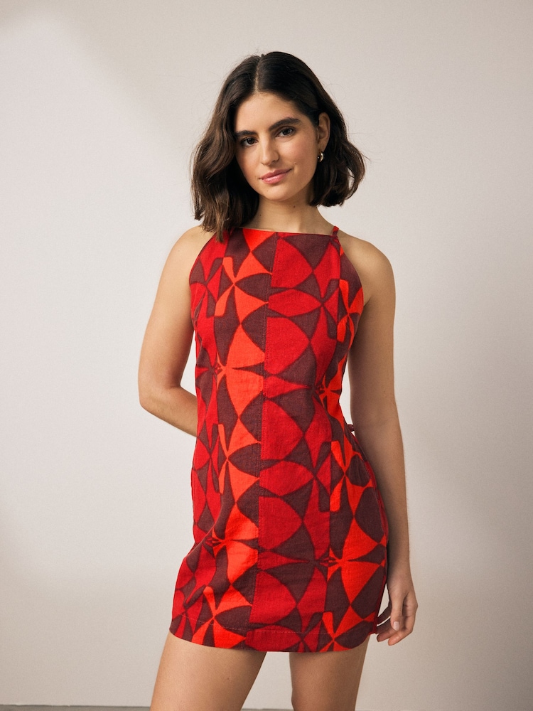 Red and Black Geo Print Mini Sleeveless Racer Stretch Linen Blend Dress - Image 1 of 7