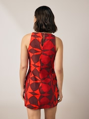 Red and Black Geo Print Mini Sleeveless Racer Stretch Linen Blend Dress - Image 2 of 7