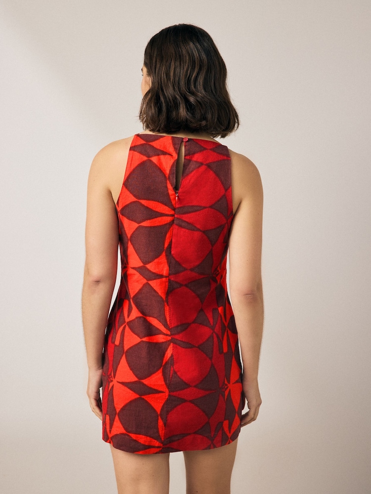 Red and Black Geo Print Mini Sleeveless Racer Stretch Linen Blend Dress - Image 2 of 7