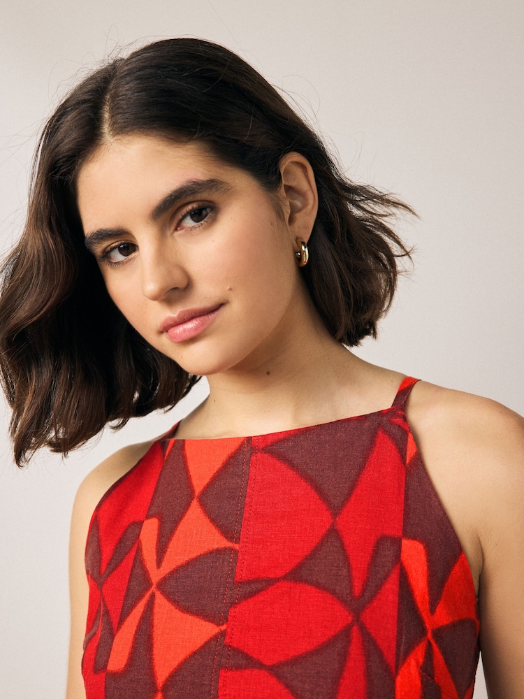 Red and Black Geo Print Mini Sleeveless Racer Stretch Linen Blend Dress - Image 3 of 7