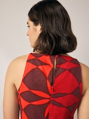 Red and Black Geo Print Mini Sleeveless Racer Stretch Linen Blend Dress - Image 4 of 7