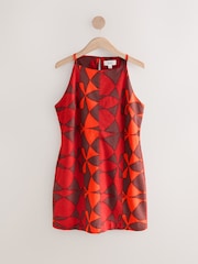 Red and Black Geo Print Mini Sleeveless Racer Stretch Linen Blend Dress - Image 5 of 7
