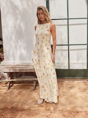 Ecru Tropical Print Sleeveless Drop Waist 100% Cotton Crew Neck Midi Dress - Image 1 of 8