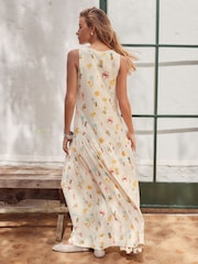 Ecru Tropical Print Sleeveless Drop Waist 100% Cotton Crew Neck Midi Dress - Image 2 of 8