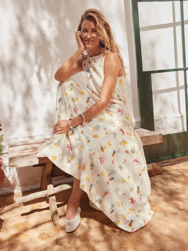 Ecru Tropical Print Sleeveless Drop Waist 100% Cotton Crew Neck Midi Dress - Image 3 of 8