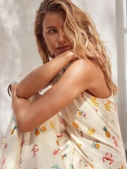 Ecru Tropical Print Sleeveless Drop Waist 100% Cotton Crew Neck Midi Dress - Image 4 of 8