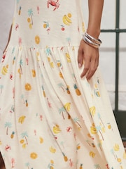Ecru Tropical Print Sleeveless Drop Waist 100% Cotton Crew Neck Midi Dress - Image 5 of 8