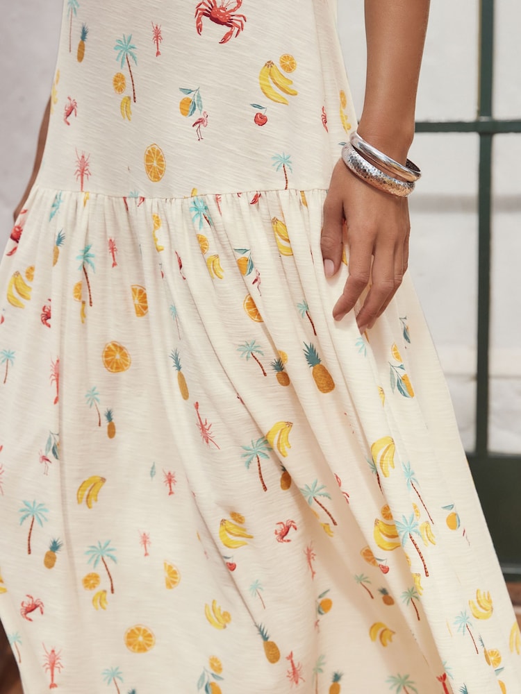 Ecru Tropical Print Sleeveless Drop Waist 100% Cotton Crew Neck Midi Dress - Image 5 of 8