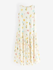 Ecru Tropical Print Sleeveless Drop Waist 100% Cotton Crew Neck Midi Dress - Image 6 of 8
