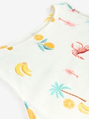 Ecru Tropical Print Sleeveless Drop Waist 100% Cotton Crew Neck Midi Dress - Image 7 of 8