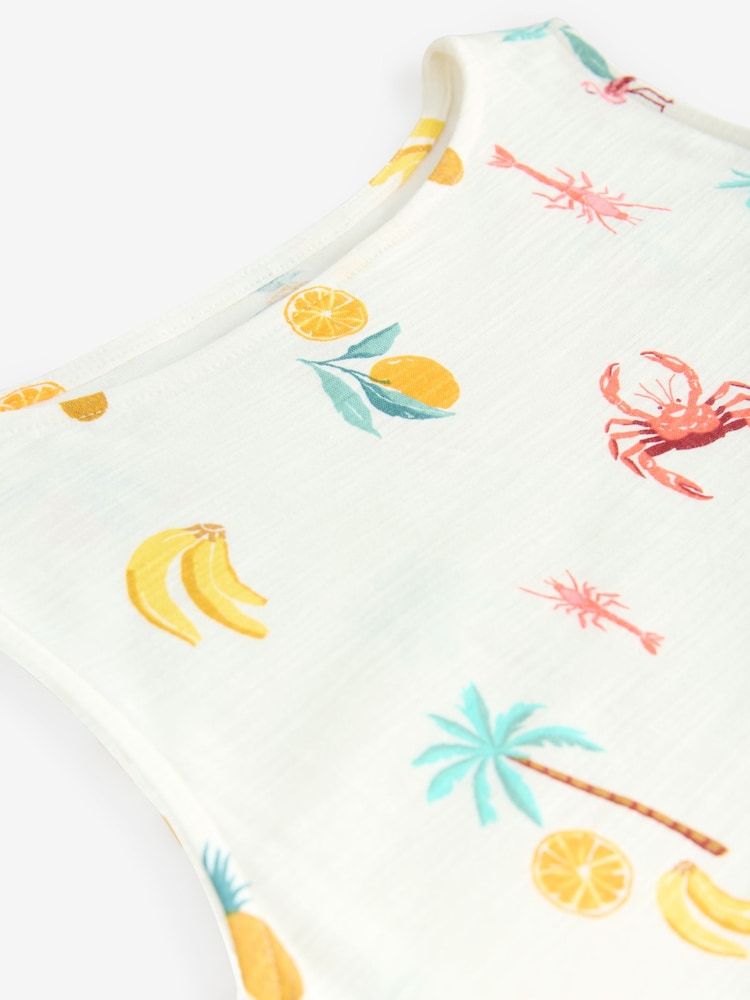 Ecru Tropical Print Sleeveless Drop Waist 100% Cotton Crew Neck Midi Dress - Image 7 of 8