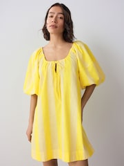 Yellow Stripe 100% Cotton Puff Sleeve Tie Front Mini Dress - Image 1 of 7