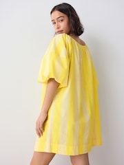 Yellow Stripe 100% Cotton Puff Sleeve Tie Front Mini Dress - Image 2 of 7