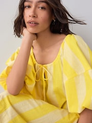 Yellow Stripe 100% Cotton Puff Sleeve Tie Front Mini Dress - Image 3 of 7