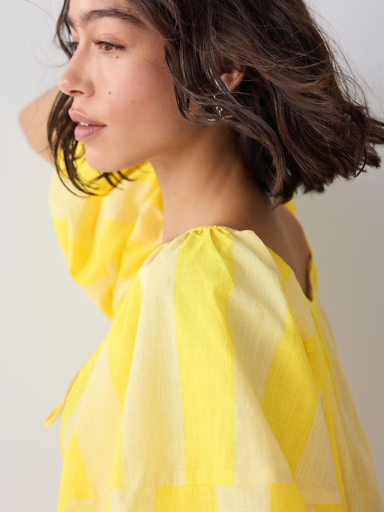 Yellow Stripe 100% Cotton Puff Sleeve Tie Front Mini Dress - Image 4 of 7
