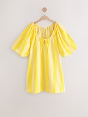 Yellow Stripe 100% Cotton Puff Sleeve Tie Front Mini Dress - Image 5 of 7
