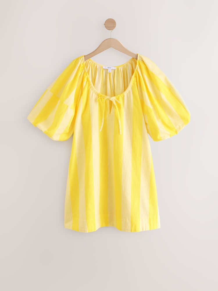 Yellow Stripe 100% Cotton Puff Sleeve Tie Front Mini Dress - Image 5 of 7