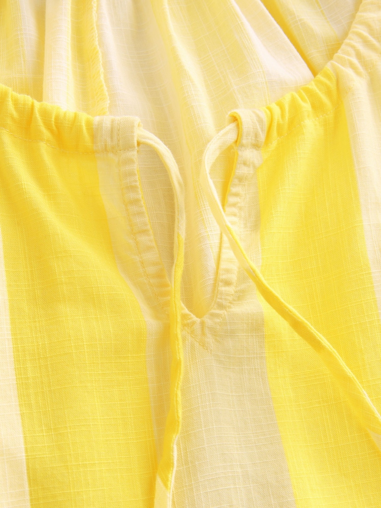 Yellow Stripe 100% Cotton Puff Sleeve Tie Front Mini Dress - Image 6 of 7
