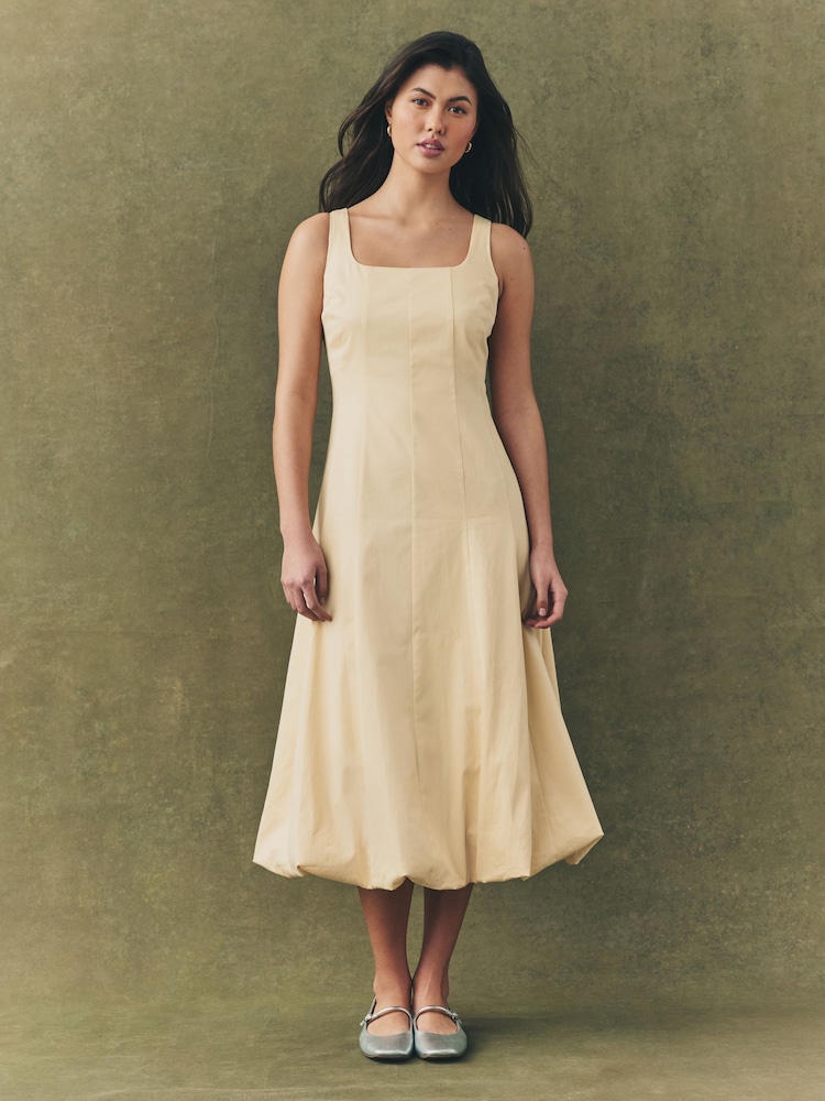 Lemon Yellow Square Neck Puff Hem Midi Dress - Image 1 of 9