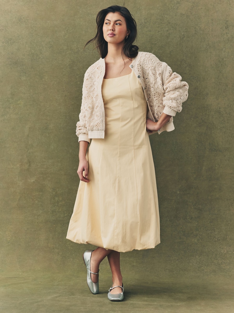 Lemon Yellow Square Neck Puff Hem Midi Dress - Image 2 of 9