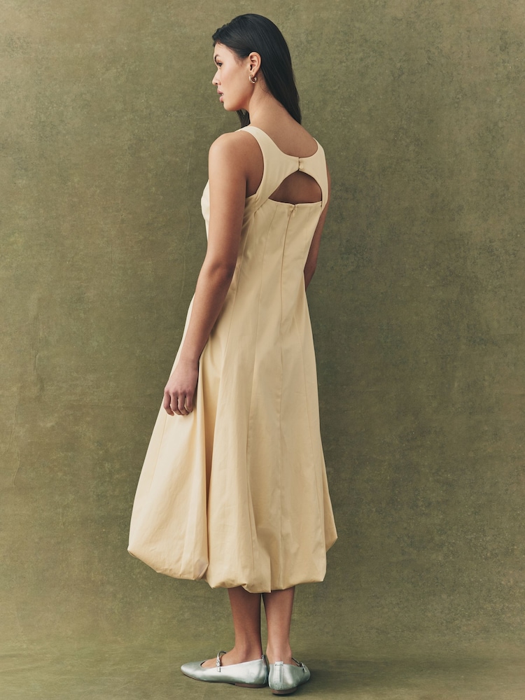 Lemon Yellow Square Neck Puff Hem Midi Dress - Image 3 of 10