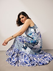 Ecru/Blue Tile Print 100% Cotton Strappy Tiered Midi Dress - Image 1 of 7