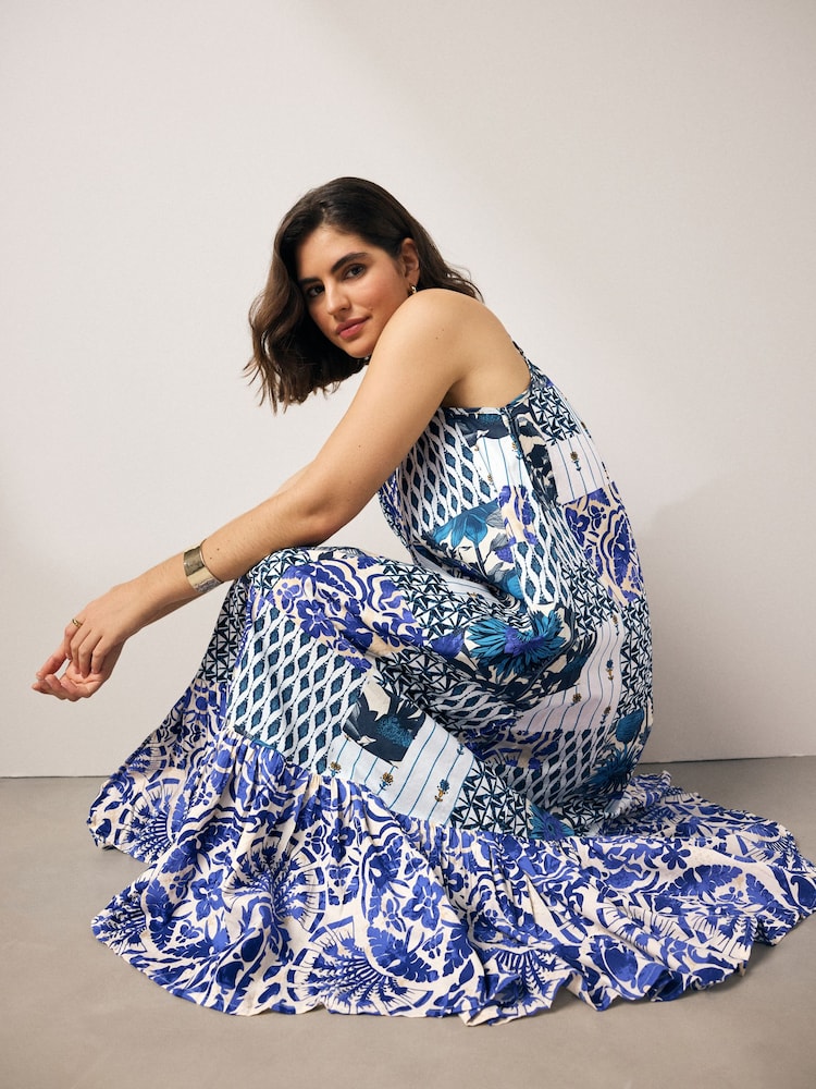 Ecru/Blue Tile Print 100% Cotton Strappy Tiered Midi Dress - Image 1 of 7