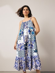 Ecru/Blue Tile Print 100% Cotton Strappy Tiered Midi Dress - Image 2 of 7