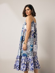 Ecru/Blue Tile Print 100% Cotton Strappy Tiered Midi Dress - Image 3 of 7