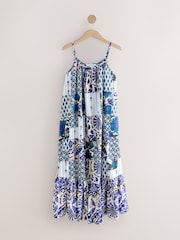 Ecru/Blue Tile Print 100% Cotton Strappy Tiered Midi Dress - Image 5 of 7