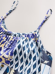 Ecru/Blue Tile Print 100% Cotton Strappy Tiered Midi Dress - Image 6 of 7